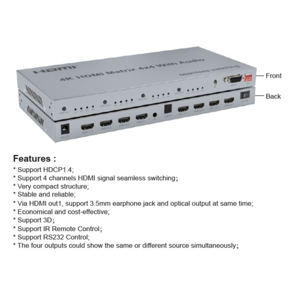 Apex HDMI Matrix 4x4 With Audio (Seamless Switching) - Image 3